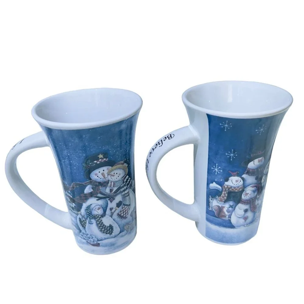 Christmas Winter Time Pair of Latte Mugs Coffee Tea Cups Blue sayings on handles
